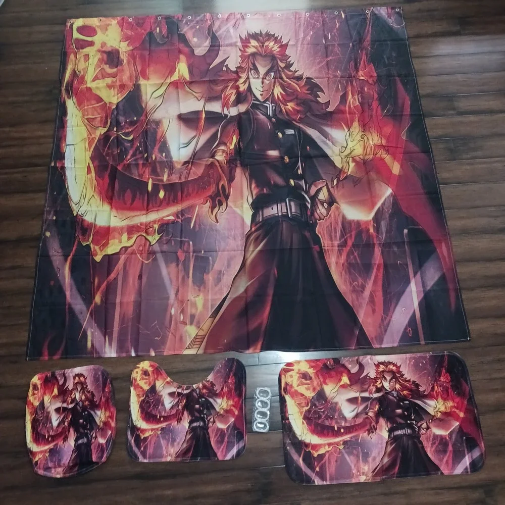 Demon Slayer Rengoku Shower Curtain Bathroom Set 16pc Flame Hashira Anime Decor